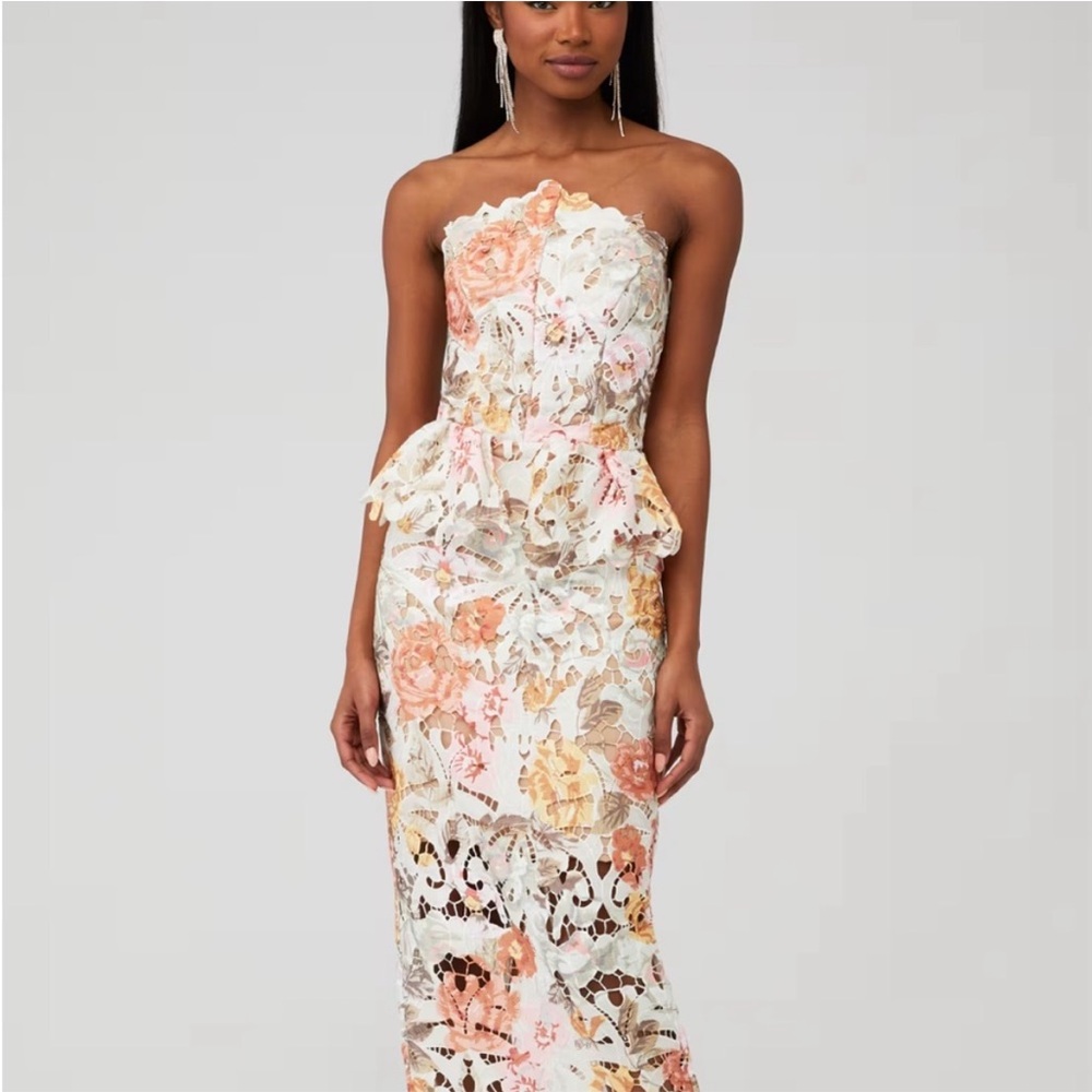 Elliatt Strapless Floral Lace Midi Dress in White, Blush & Gold